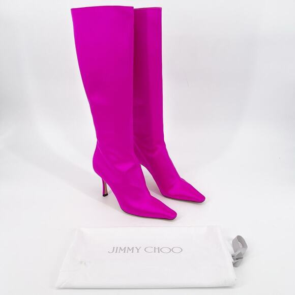 Jimmy Choo Fuchsia Hot Pink Satin Agathe 85 Knee High Heeled Boot size IT 38.5 - Picture 1 of 11